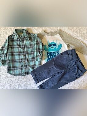 Baby Boy 12M Carter’s Cat&Jack Long Sleeve Button up Graphic Tshirt Pants Bundle